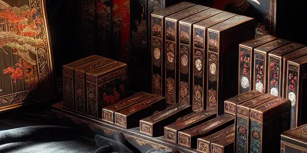 Elegant display of limited-edition Japanese adult film packaging on a plush velvet surface, showcasing intricate designs and luxurious details.