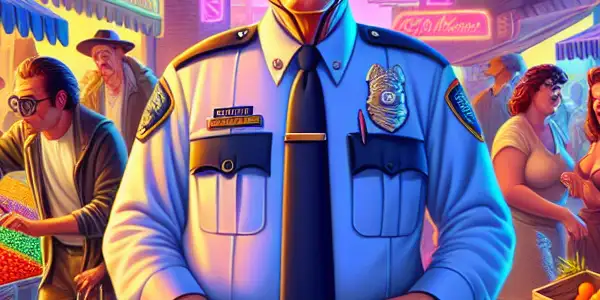 A humorous scene featuring a playful security guard in a lively Hong Kong street market, surrounded by chaos and quirky interactions.