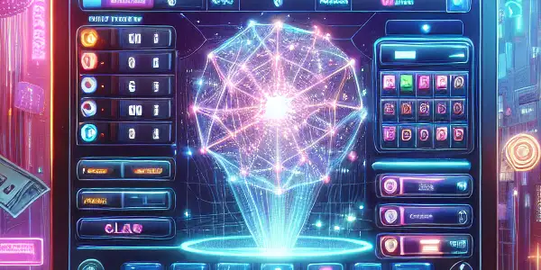 A vibrant digital raffle interface set against a neon-lit cityscape, embodying the allure of adult entertainment.