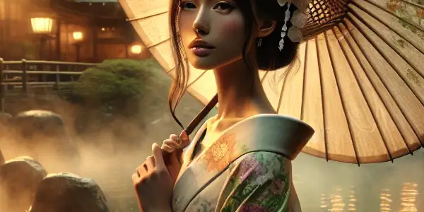 A serene hot spring scene featuring a young woman in a yukata under cherry blossoms, evoking romance and tranquility.