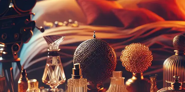 A cozy, dimly lit bedroom featuring elegant adult props and cinematic elements, evoking intimacy and desire.