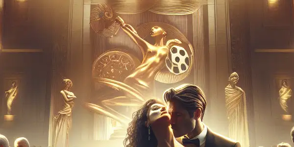 An intimate embrace between a couple at an elegant award ceremony, surrounded by a glamorous audience and film elements.