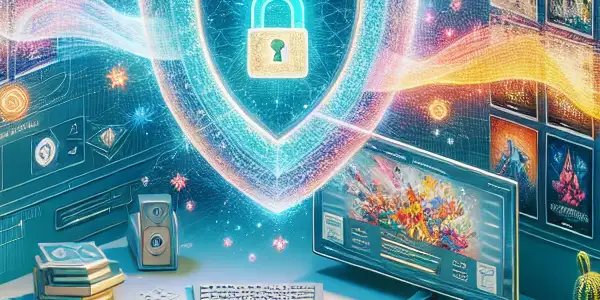 A modern digital workspace showcasing a secure adult content platform with vibrant thumbnails and cozy decor.