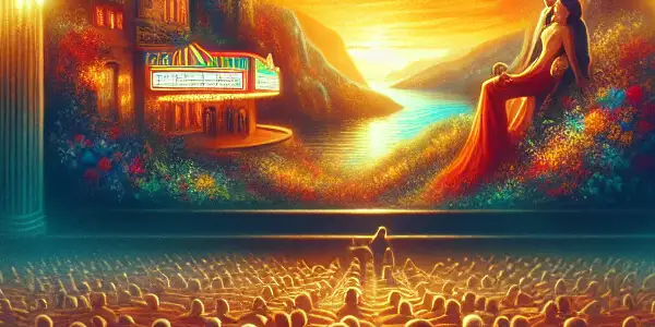 A vibrant movie theater scene with a diverse audience captivated by a romantic film on screen.