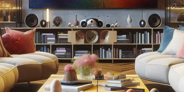 A cozy living room with a plush sofa, modern adult toys, and a tasteful TV display, emphasizing safety and comfort.