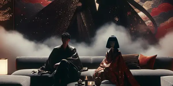 A dimly lit room with two figures in a passionate embrace, surrounded by modern decor and an ethereal atmosphere.