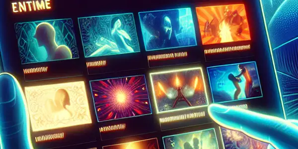 A sleek digital device showcasing a cozy adult subscription service with diverse video thumbnails and inviting ambiance.