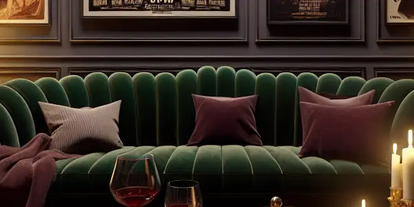 A dimly lit, elegant room featuring vintage erotic film posters, romantic photographs, and a glass of red wine.