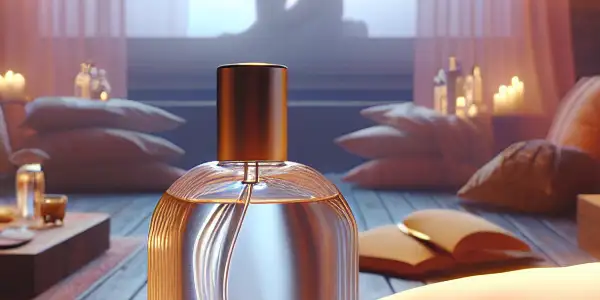 A cozy, intimate room featuring a decorative lubricant bottle and a softly illuminated romantic scene in the background.