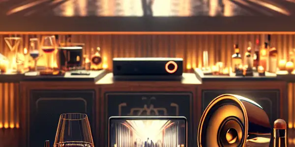 A cozy, modern adult entertainment setup featuring tasteful adult toys, ambient lighting, and a large screen showing an adult film.