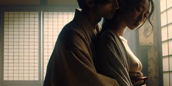A couple in a passionate embrace within a softly lit, elegant Japanese room, conveying deep emotional connection and desire.