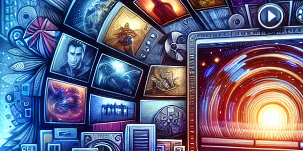 A futuristic computer interface showcasing colorful movie thumbnails against a vibrant cyberspace background with digital patterns and security symbols.