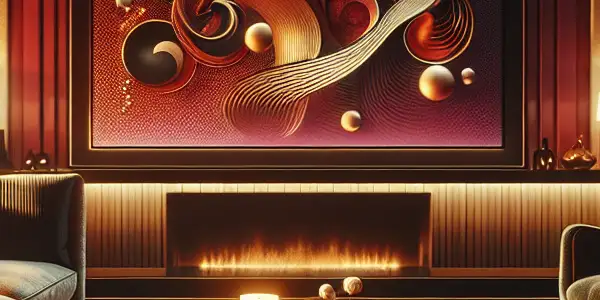 A cozy living room with plush furniture, abstract visuals, suggestive illustrations, and a glass of wine, evoking sensuality.