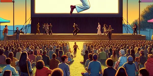 A lively film festival scene featuring a charismatic martial arts actor, diverse moviegoers, and vibrant banners under a starlit sky.