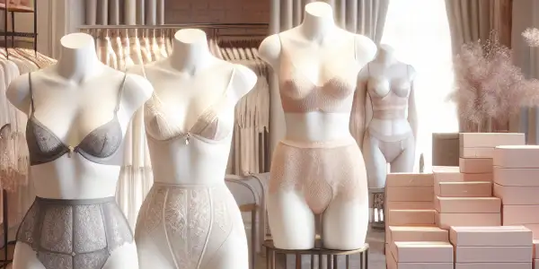 A chic lingerie boutique showcasing diverse models in elegant, hypoallergenic undergarments with a sophisticated, inviting atmosphere.