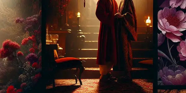 A passionate embrace between two figures in a dimly lit, luxurious room, evoking themes of desire and sensuality.