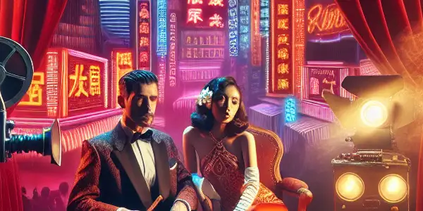 A vintage film studio set featuring actors in elaborate costumes, dramatic lighting, and a vibrant city skyline backdrop.