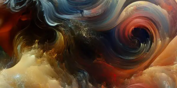 A mystical female figure surrounded by swirling colors, cherry blossoms, and flowing water, embodying Eastern mysticism and sensuality.