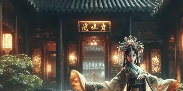 A traditional Chinese courtyard featuring Pan Jinlian in an elegant gown, blending classical and modern adult film elements.