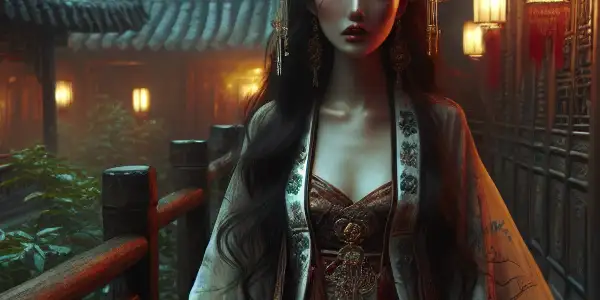 Pan Jinlian in a silk dress, illuminated by lanterns in an ancient courtyard, exuding passion and conflict.