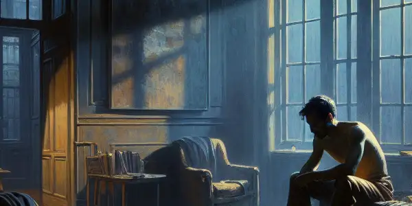 A dimly lit, vacant room with a mysterious silhouette, evoking feelings of solitude and longing.