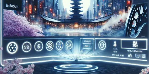 A futuristic online platform for Japanese adult films, featuring a sleek interface and vibrant neon lights.