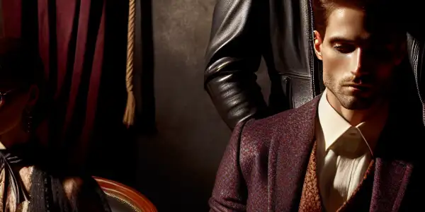 A luxurious BDSM scene featuring a confident dominant in leather and a vulnerable submissive in lace, set in an intimate room.