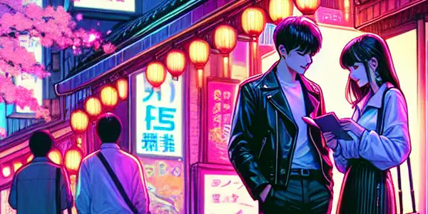 A lively Japanese entertainment district at night, featuring neon lights, a stylish couple, and cherry blossom trees.