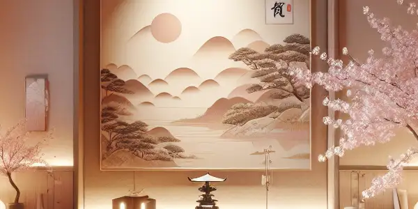 A serene Japanese-inspired room featuring a tatami mat, zen garden, cherry blossoms, and modern technology, evoking tranquility and self-care.