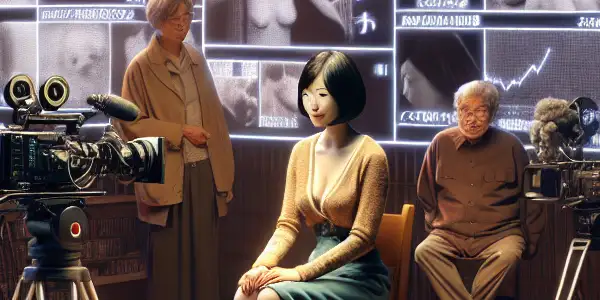 A film set capturing a candid interview between a filmmaker and a Japanese actress in the adult entertainment industry.