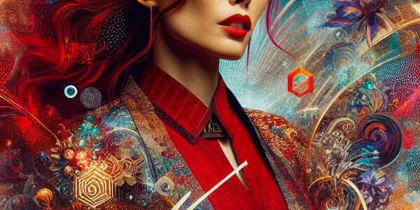 A confident woman with red hair in a revealing outfit, set against a colorful, abstract, and erotic background.