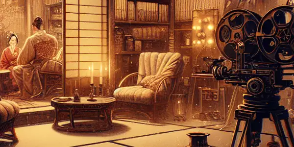 A nostalgic Japanese film studio scene featuring traditional decor, vintage film equipment, and elegantly dressed characters.