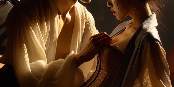 An intimate, romantic scene between two characters in a dimly lit room, evoking passion and secrecy.