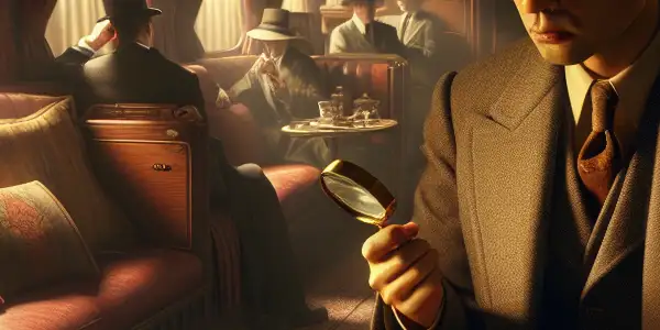 A 1930s train compartment with a detective studying a letter, surrounded by shadowy figures and hints of intrigue.