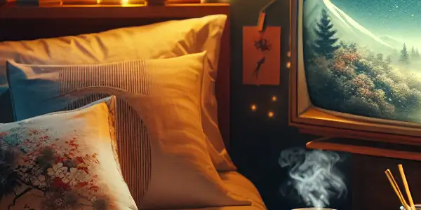 Cozy bedroom at night with warm light, a made bed, and a starry sky outside.