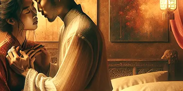 A romantic couple in an elegant bedroom, expressing passion and intimacy amidst warm, inviting colors and soft fabrics.