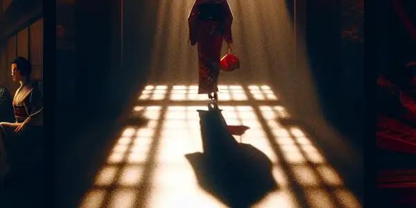 A female protagonist poses alluringly in a dimly lit, mysterious room, embodying vulnerability and strength amidst subtle tension.