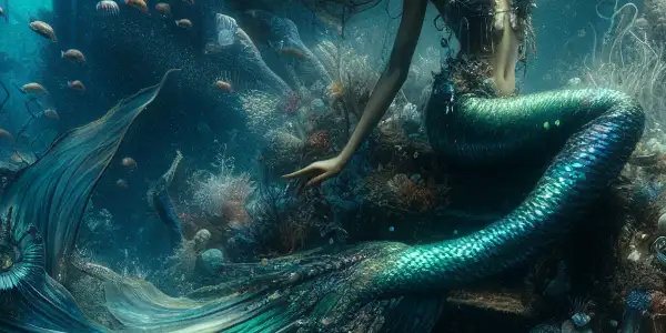 A seductive mermaid explores a vibrant underwater world filled with coral reefs and enchanting marine life.