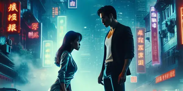 A couple in a tense, intimate moment amidst a neon-lit urban landscape at night.
