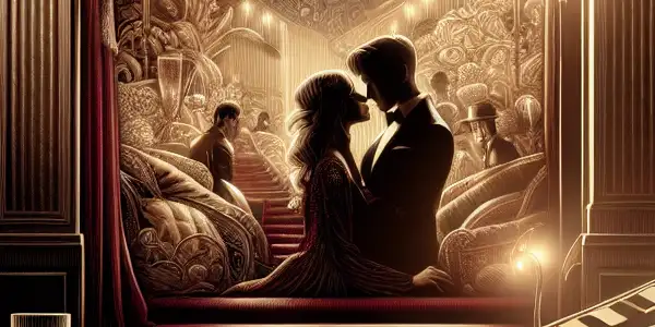 A dimly lit, elegant room with a vintage projector, showcasing a romantic couple amidst cinematic motifs and sensual decor.