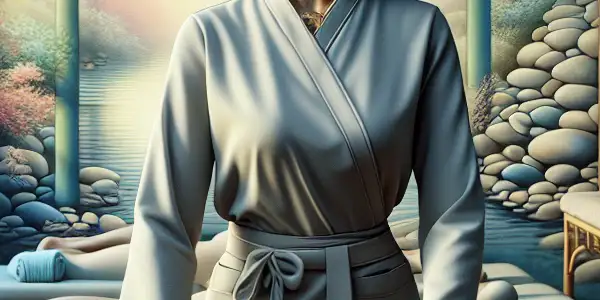 A confident female technician performing a massage in a serene spa with soothing colors and tranquil decor.