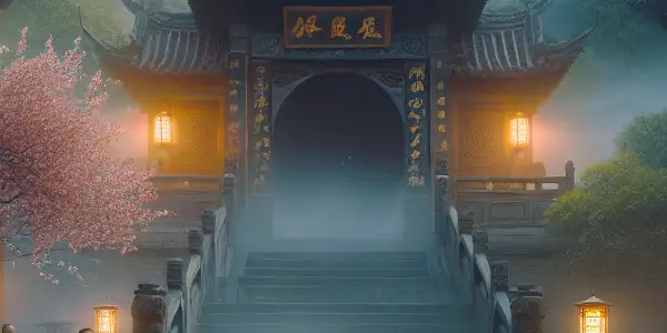 A young monk practices Kung Fu at Shaolin Temple, surrounded by ancient architecture and cherry blossoms.